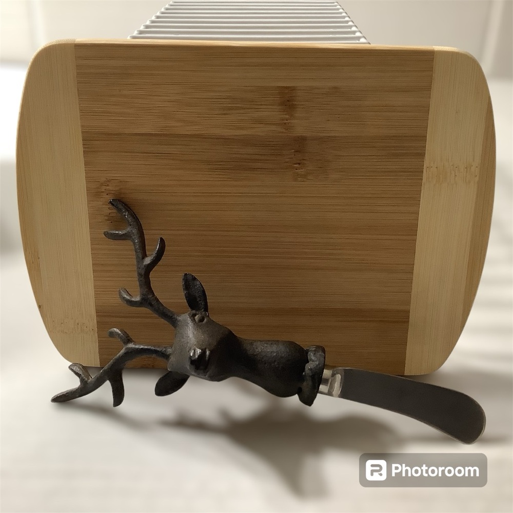 Two Piece Set 8”x 5.5” Wooden Cheese Cutting Board & Deer Buck Head Butter Knife